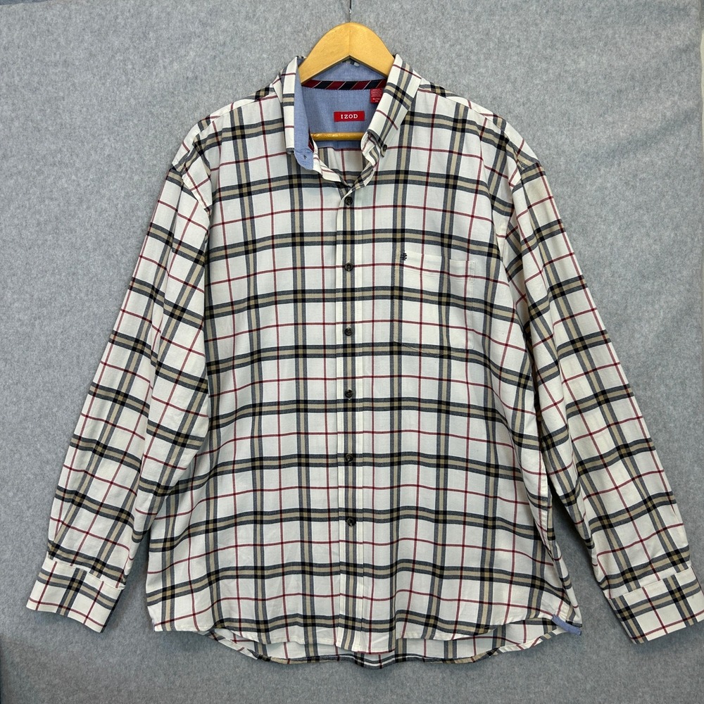 IZOD Button Down Shirt White Plaid Long Sleeve Old Money Academic Preppy Mens XL